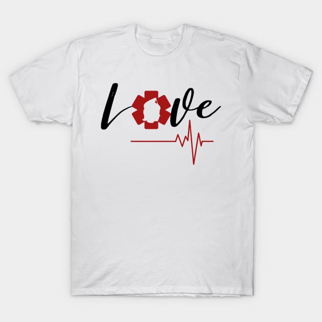 Love Nursing black text design with red Nurse star, silhouette and heartbeat T-Shirt by BlueLightDesign